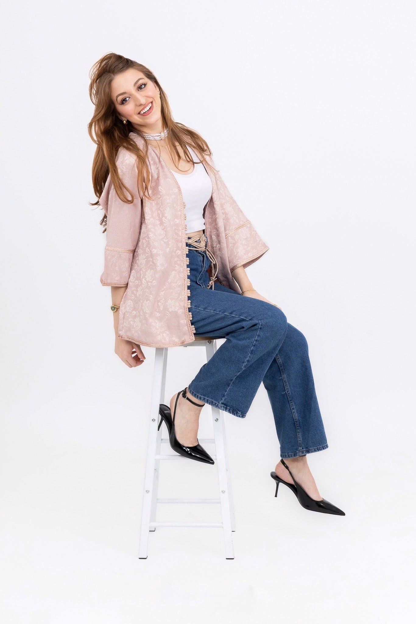 Kimono "Lilya" court 3/4 rose poudré avec Sfifa et Laakad marocain