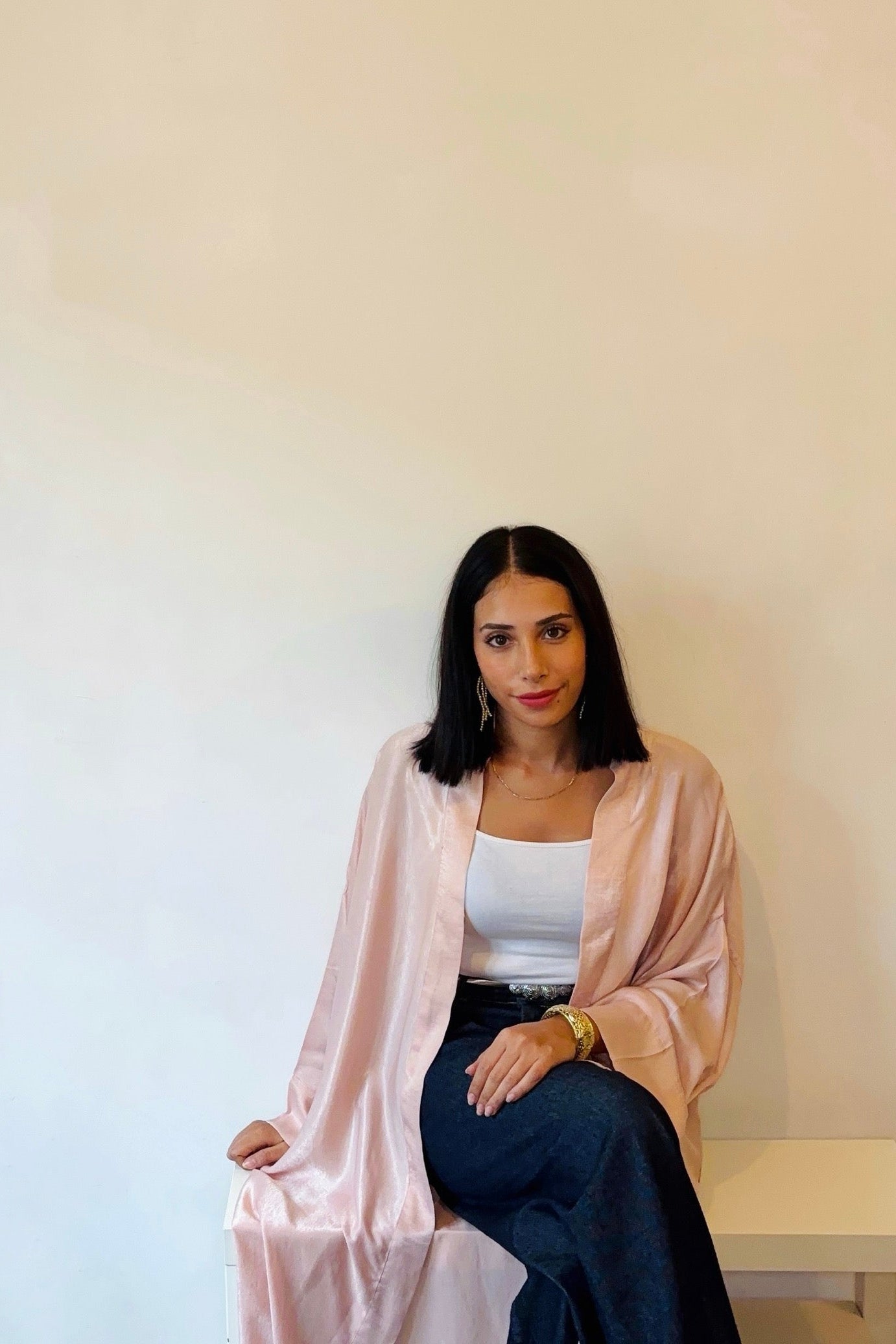 Kimono Long Satiné Fait Main – Rose Clair Élégant